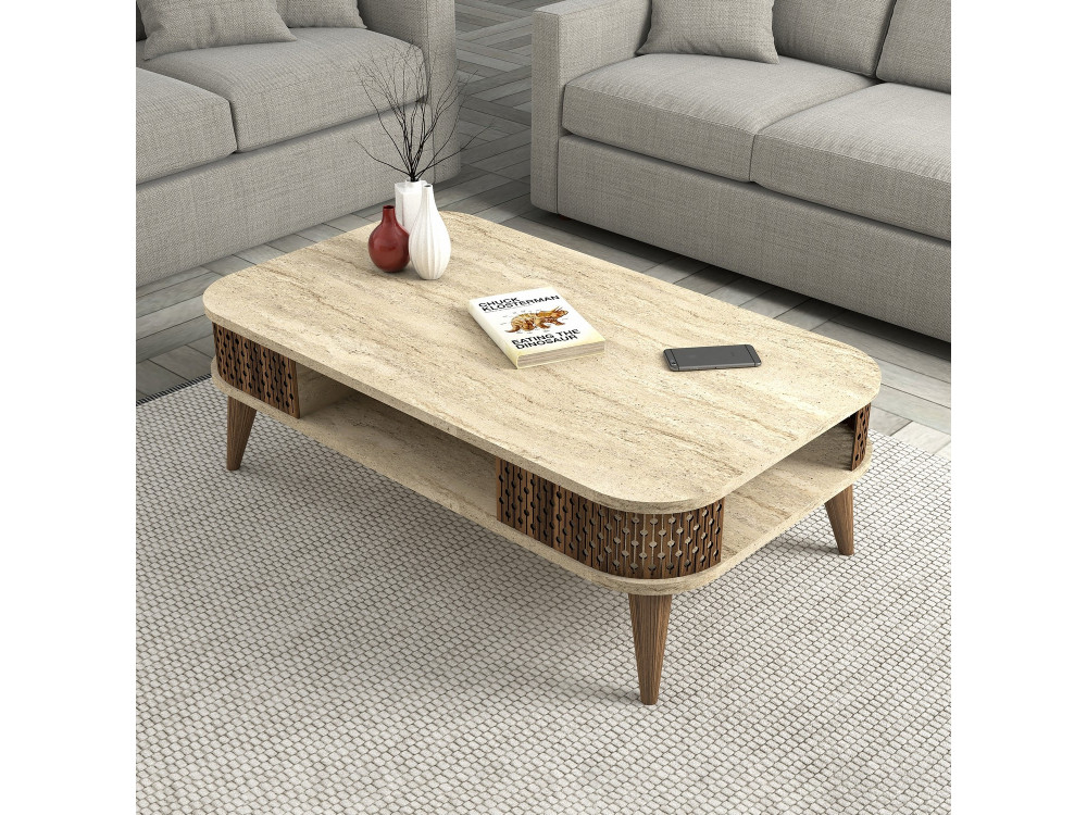 Couchtisch aus Holz "Eylul" - 105 x 60 x 35 cm - Travertin