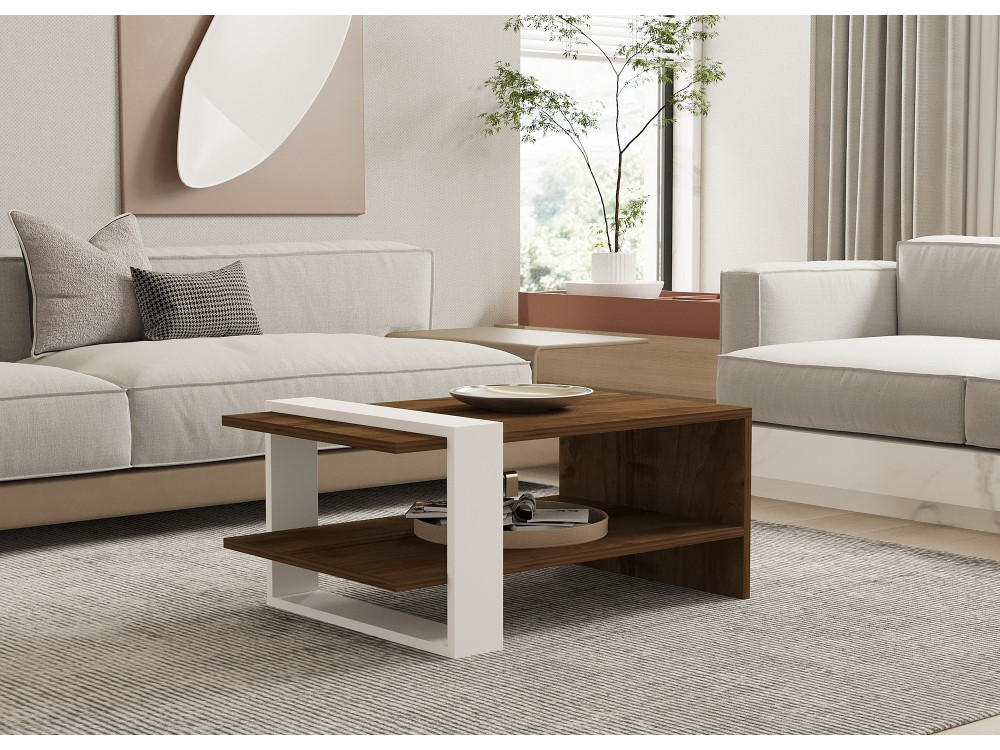 Couchtisch aus Holz "Gaye" - 80 x 50 x 35 cm - Walnuss, Weiß