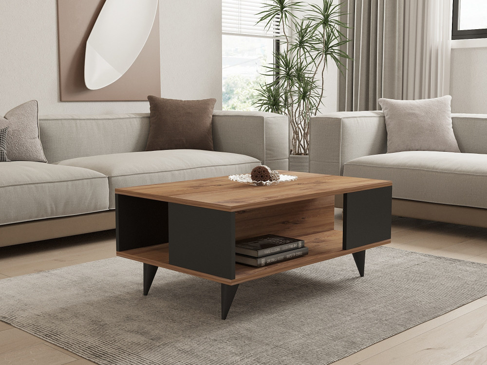 Couchtisch aus Holz "Yuka" - 90 x 60 x 39 cm - Walnuss, Schwarz