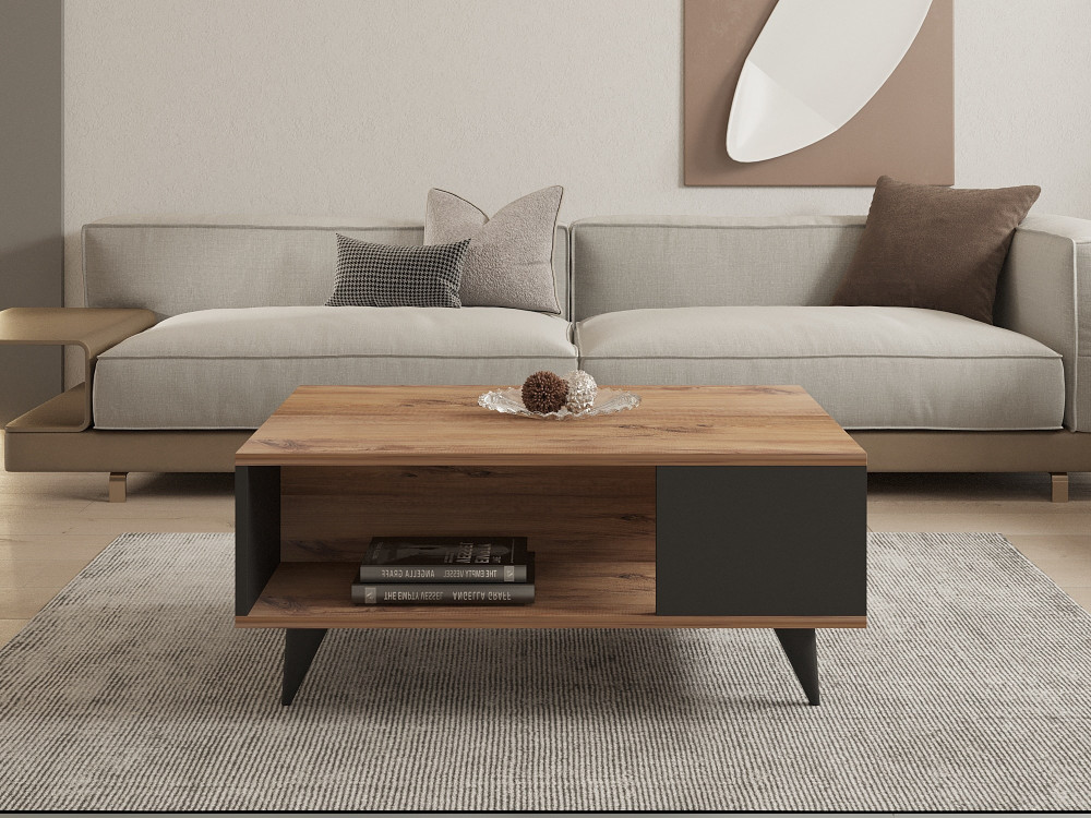 Couchtisch aus Holz "Yuka" - 90 x 60 x 39 cm - Walnuss, Schwarz