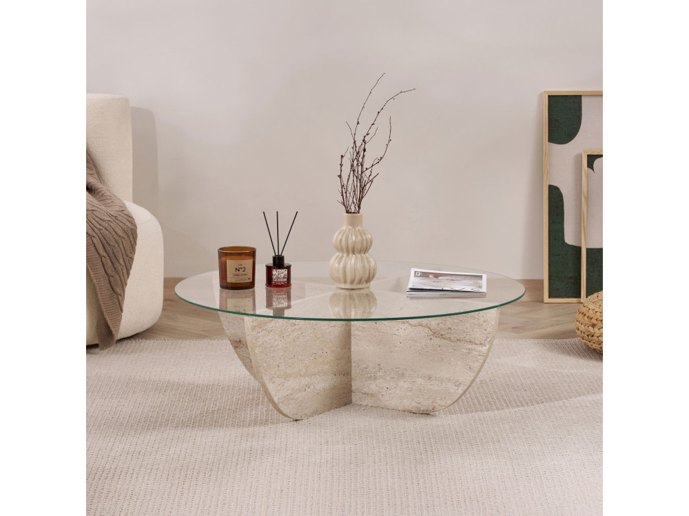 Couchtisch aus Glas "Liya" 90 x 90 x 30 cm - Travertin