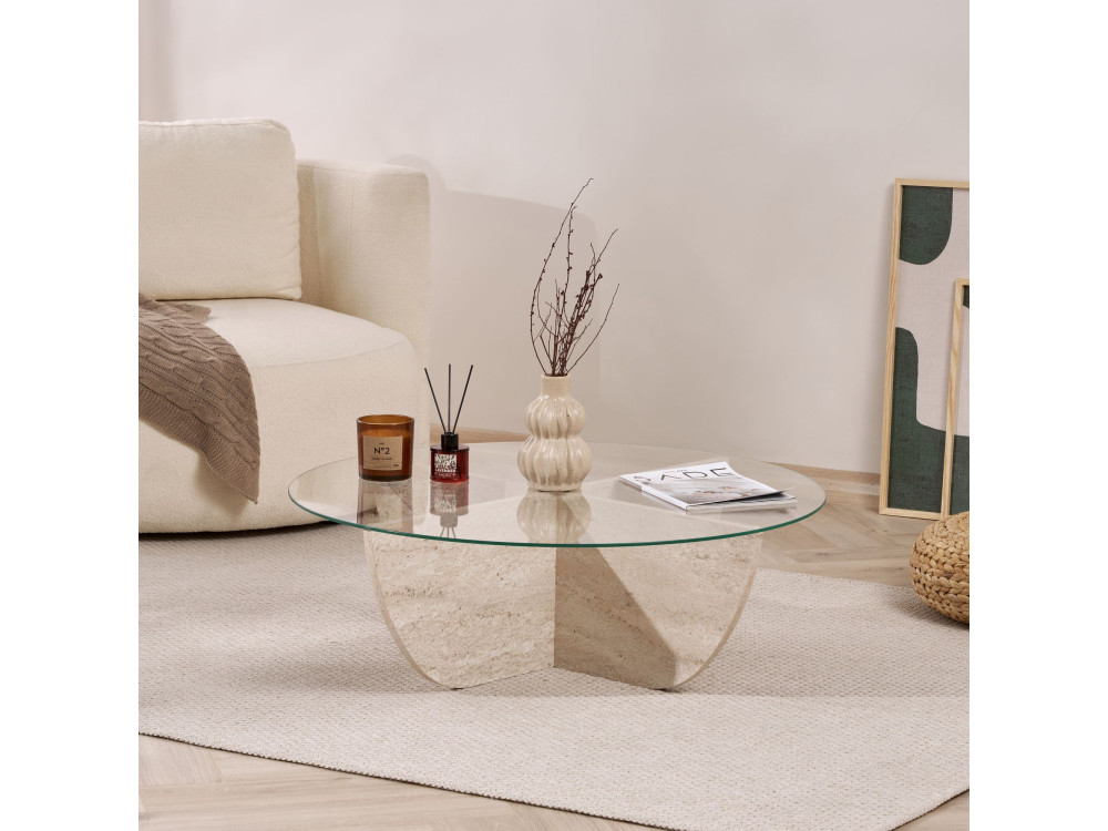 Couchtisch aus Glas "Liya" 90 x 90 x 30 cm - Travertin