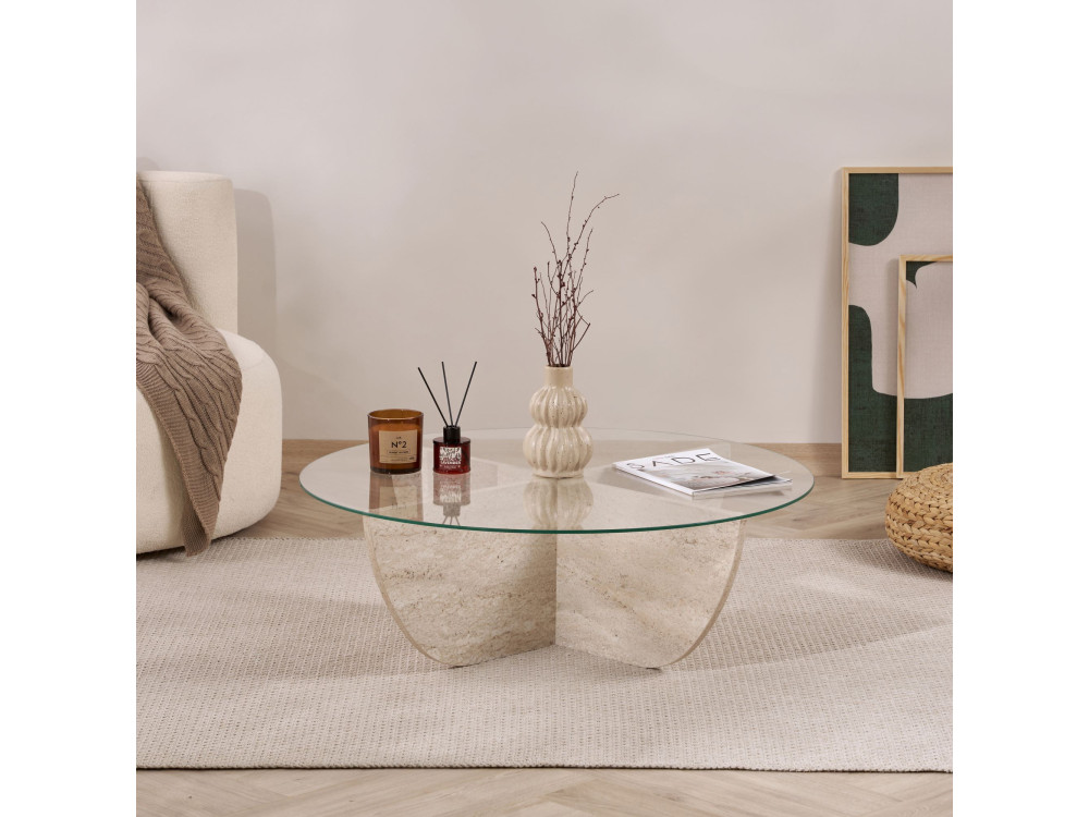 Couchtisch aus Glas "Liya" 90 x 90 x 30 cm - Travertin