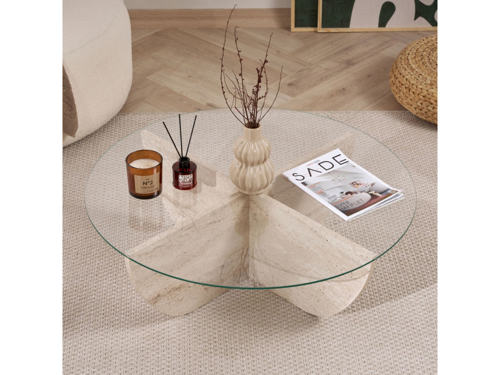 Couchtisch aus Glas "Liya" 90 x 90 x 30 cm - Travertin