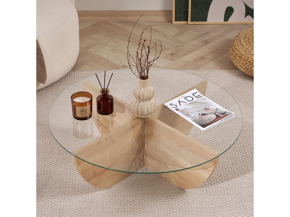 Glas-Couchtisch "Liya" 90 x 90 x 30 cm - Saphir-Eiche