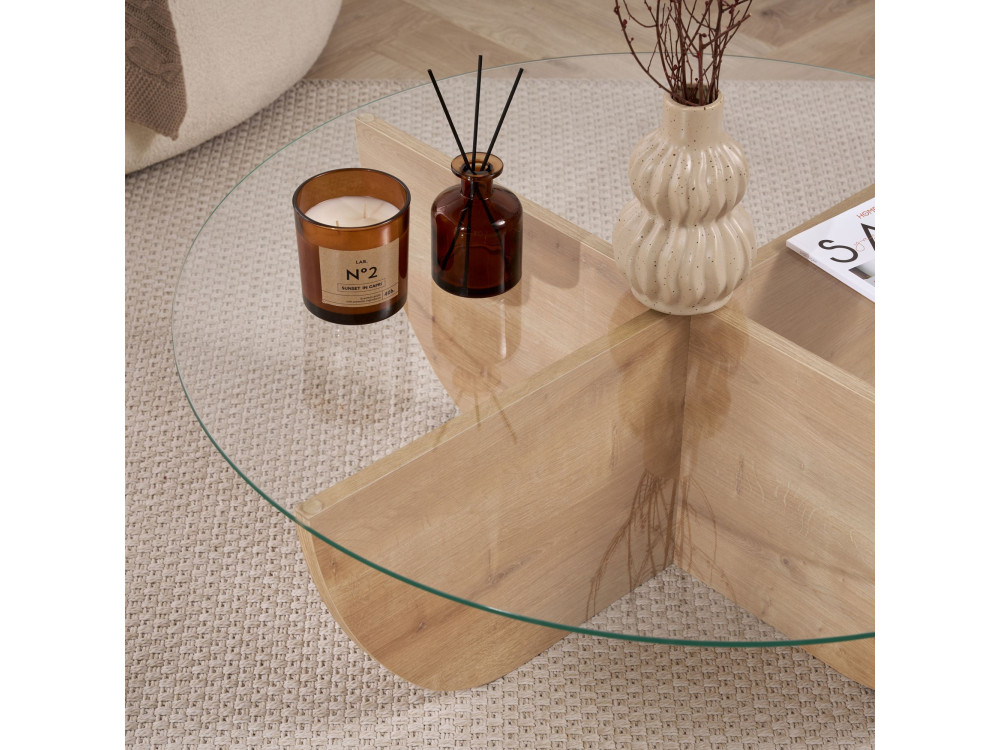 Glas-Couchtisch "Liya" 90 x 90 x 30 cm - Saphir-Eiche