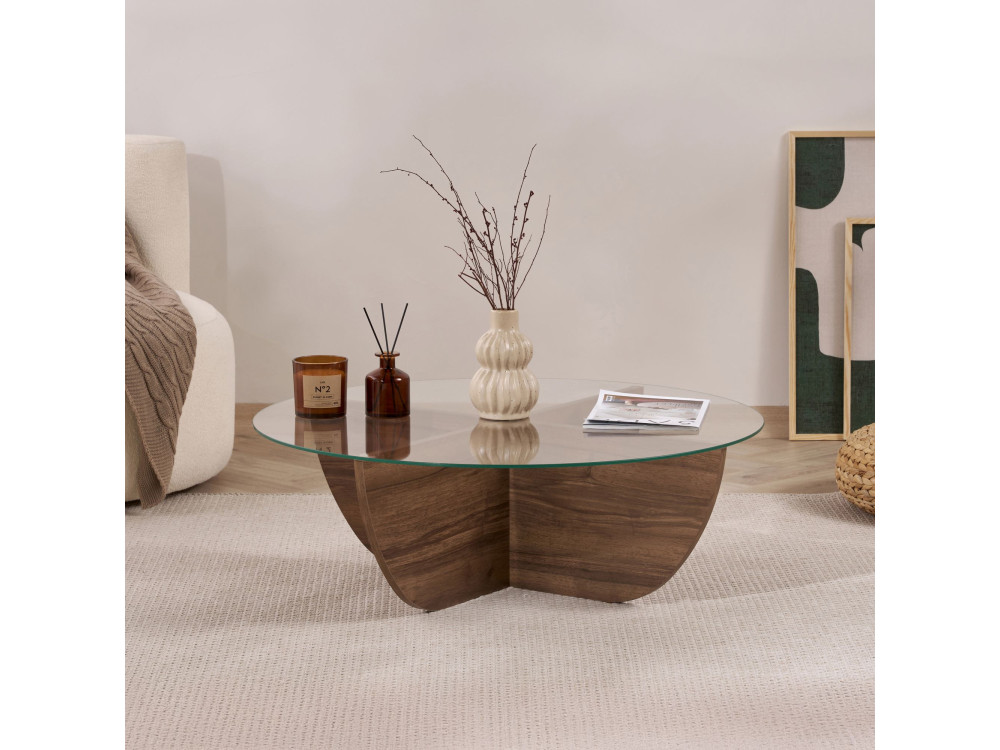 Glas-Couchtisch "Liya" 90 x 90 x 30 cm - Nussbaum