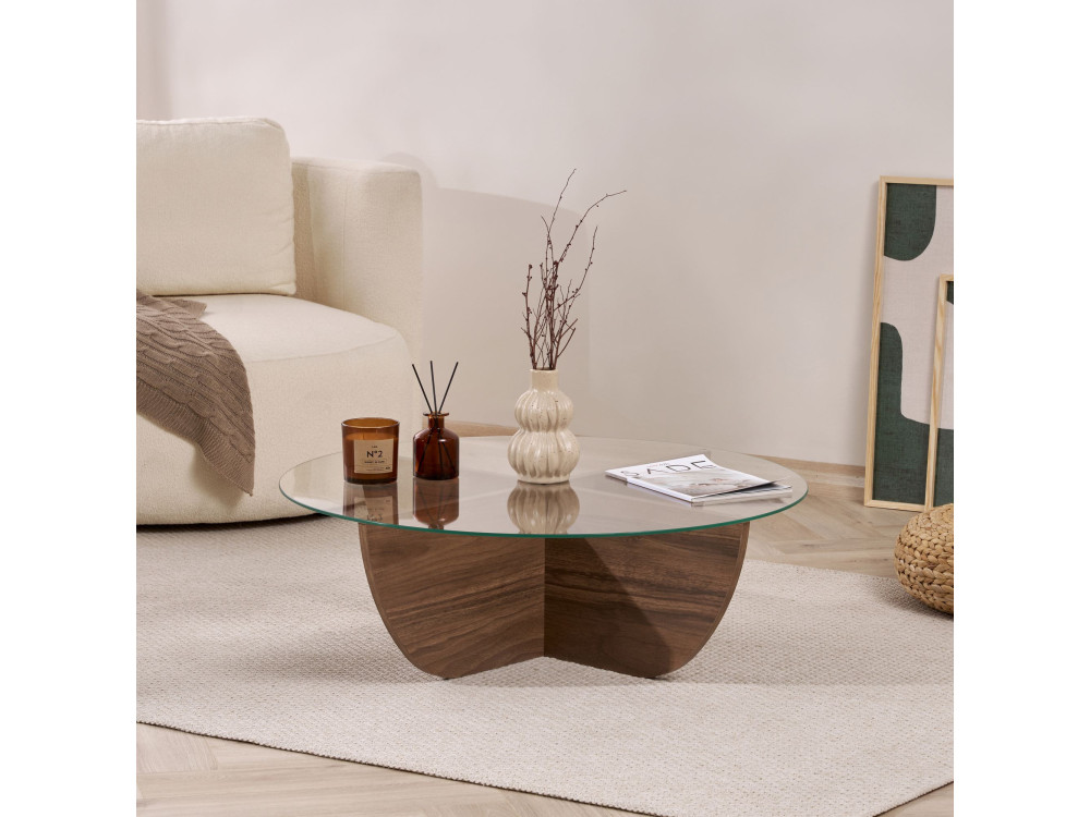 Glas-Couchtisch "Liya" 90 x 90 x 30 cm - Nussbaum