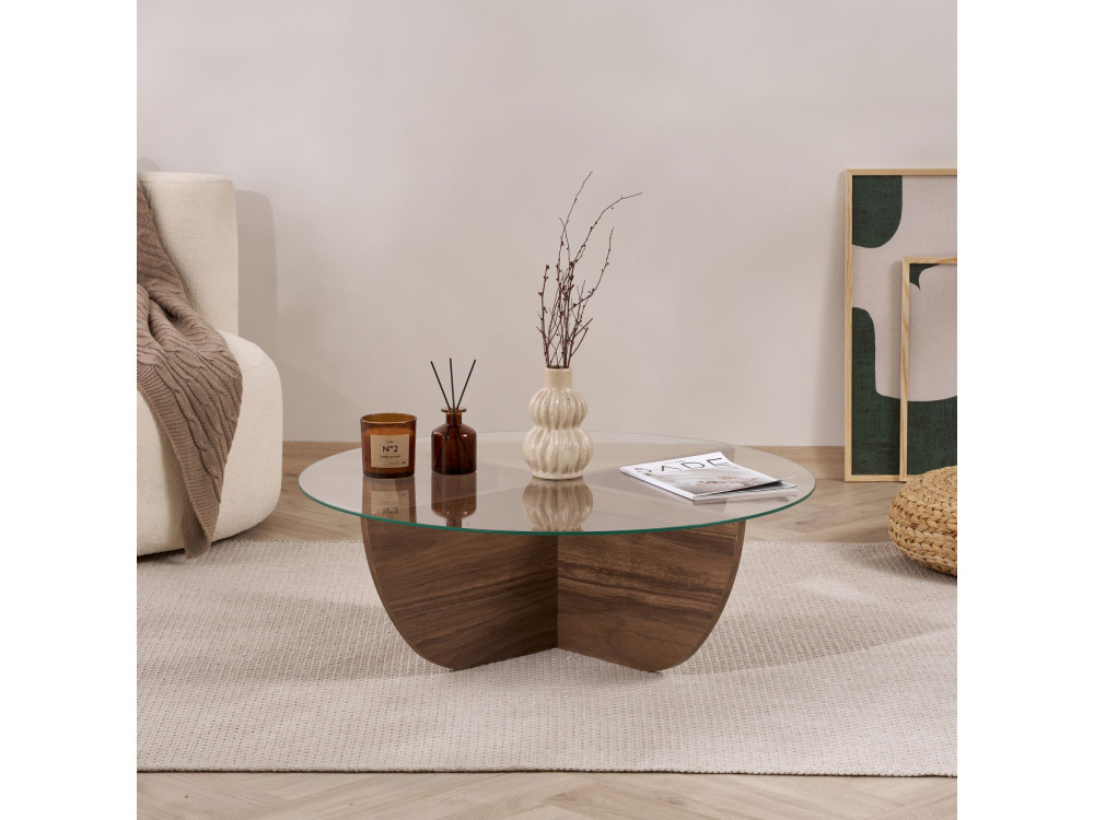 Glas-Couchtisch "Liya" 90 x 90 x 30 cm - Nussbaum