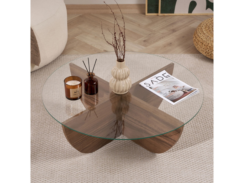 Glas-Couchtisch "Liya" 90 x 90 x 30 cm - Nussbaum