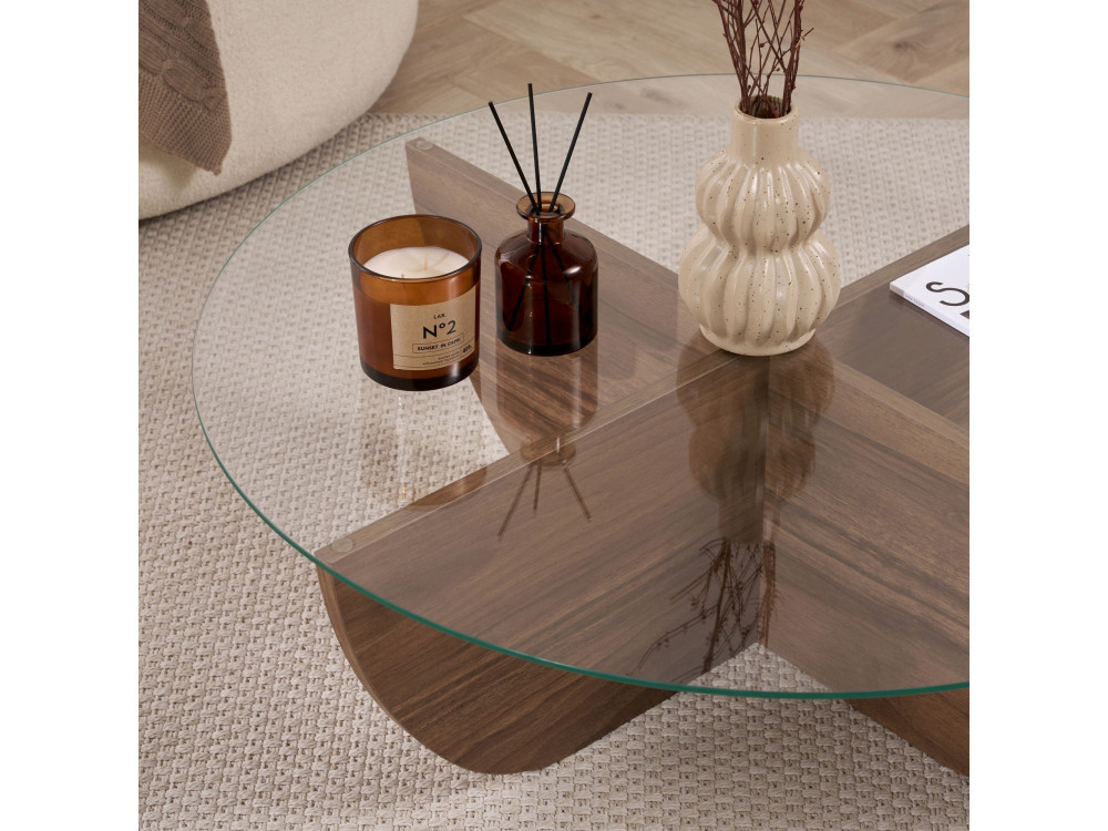 Glas-Couchtisch "Liya" 90 x 90 x 30 cm - Nussbaum