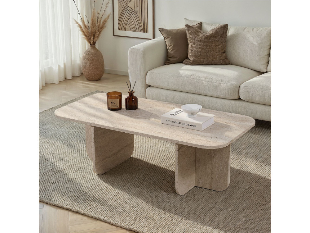 Couchtisch aus Holz "Akira" 120 x 60 x 41 cm - Travertin