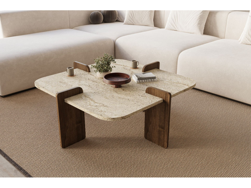 Couchtisch aus Holz "Poalla" - 90 x 90 x 35 cm - Travertin