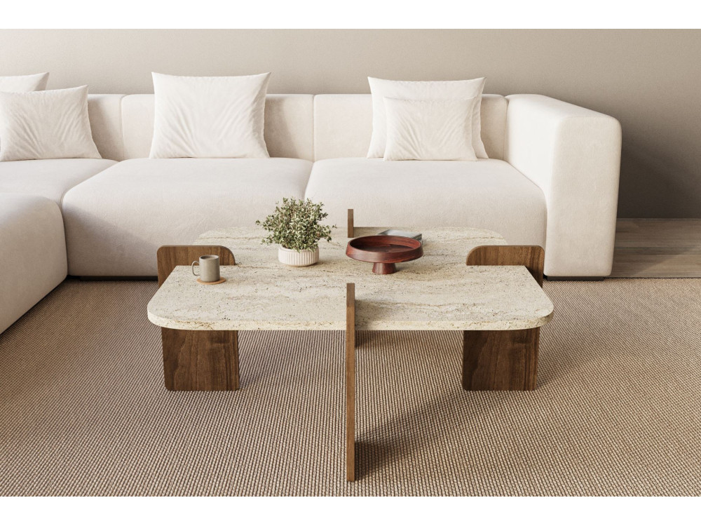 Couchtisch aus Holz "Poalla" - 90 x 90 x 35 cm - Travertin