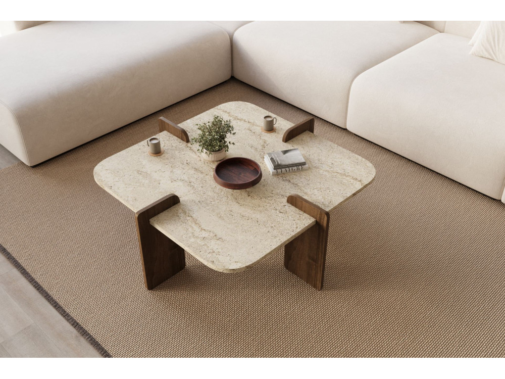 Couchtisch aus Holz "Poalla" - 90 x 90 x 35 cm - Travertin