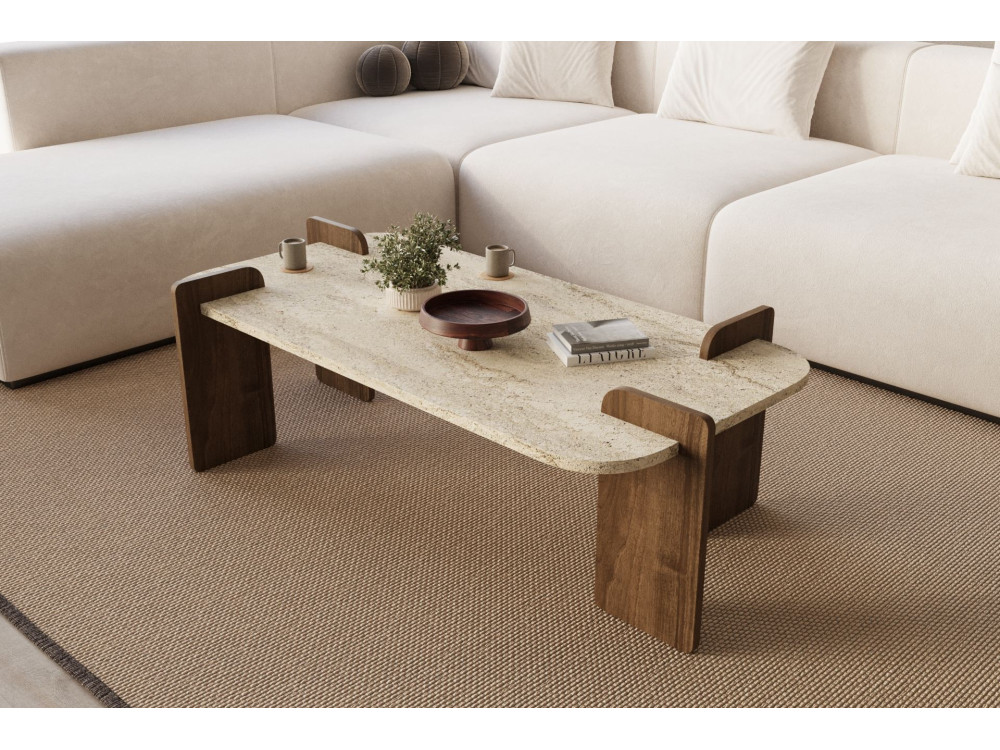 Couchtisch aus Holz "Leapiri" - 120 x 60 x 35 cm - Travertin