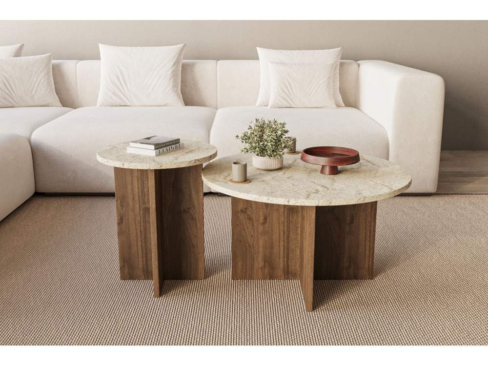 Couchtisch-Set aus Holz "Private" 70 x 70 x 40 cm - Travertin