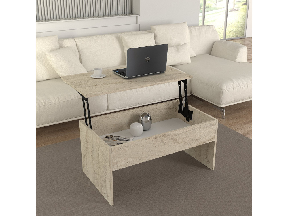 Couchtisch mit Aufbewahrungsbox aus Holz "Akilli" - 90 x 45 x 52 cm - Travertin