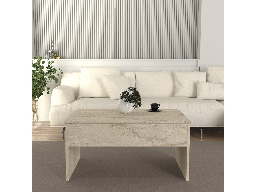 Couchtisch mit Aufbewahrungsbox aus Holz "Akilli" - 90 x 45 x 52 cm - Travertin