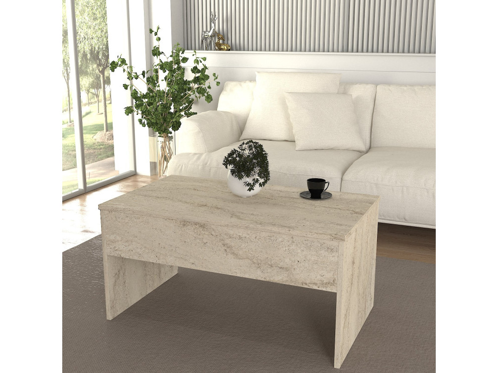 Couchtisch mit Aufbewahrungsbox aus Holz "Akilli" - 90 x 45 x 52 cm - Travertin