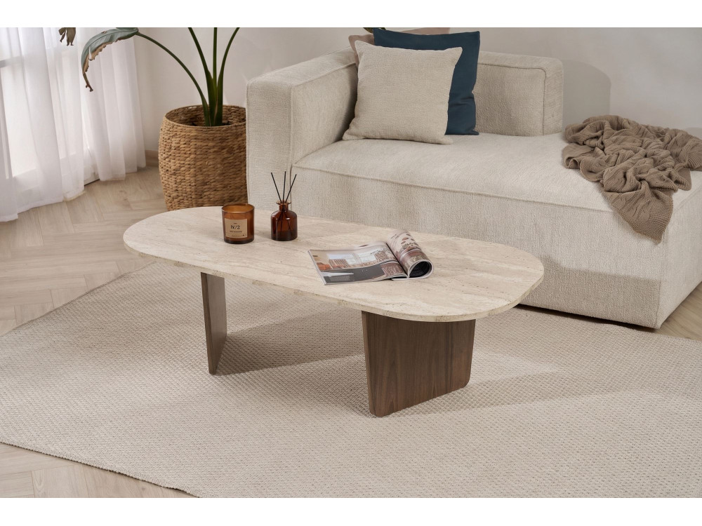 Couchtisch aus Holz "Ovalis" - 130 x 65 x 40 cm - Travertin / Nussbaum