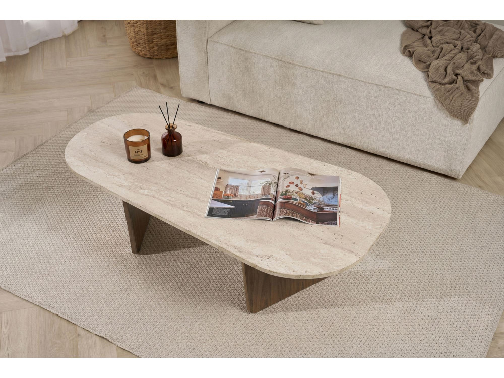 Couchtisch aus Holz "Ovalis" - 130 x 65 x 40 cm - Travertin / Nussbaum