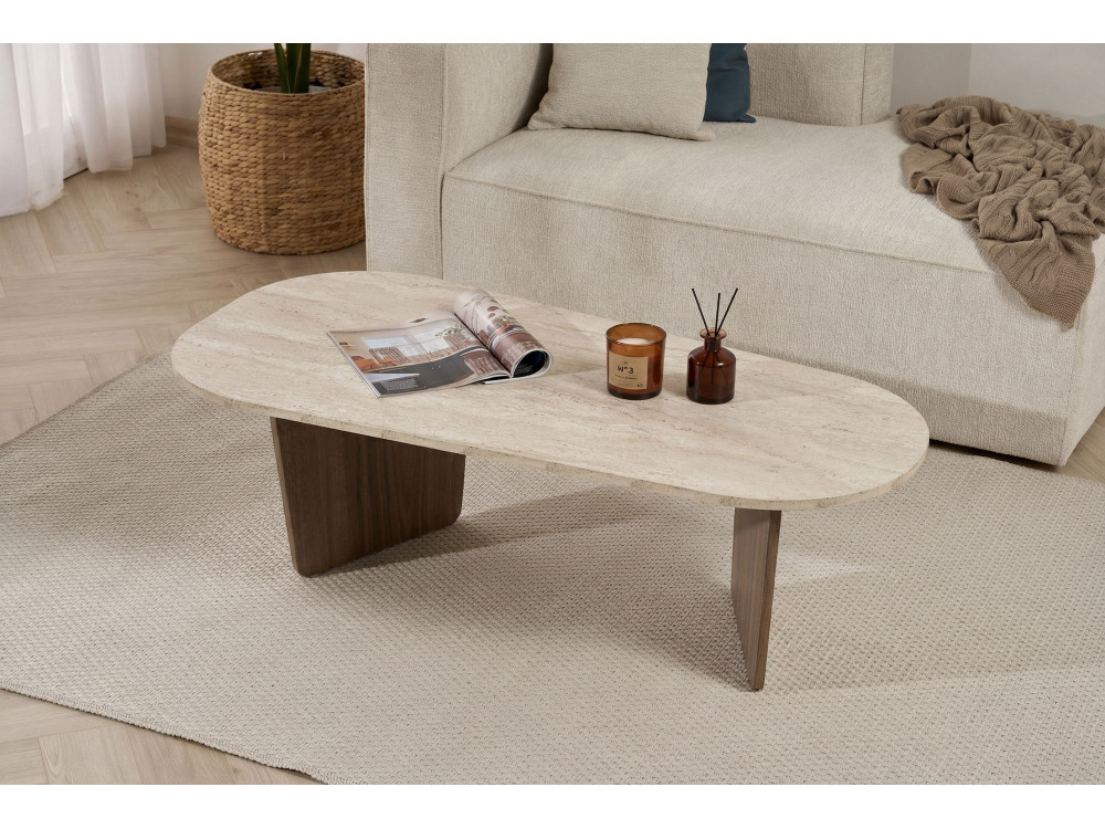 Couchtisch aus Holz "Ovalis" - 130 x 65 x 40 cm - Travertin / Nussbaum