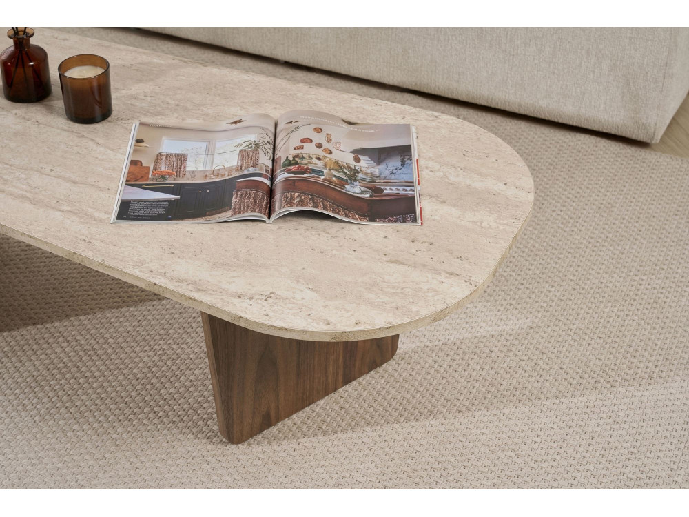 Couchtisch aus Holz "Ovalis" - 130 x 65 x 40 cm - Travertin / Nussbaum