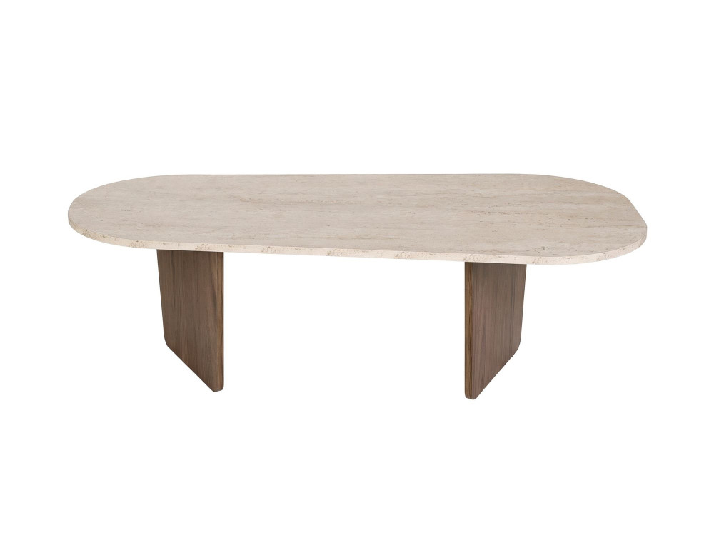 Couchtisch aus Holz "Ovalis" - 130 x 65 x 40 cm - Travertin / Nussbaum