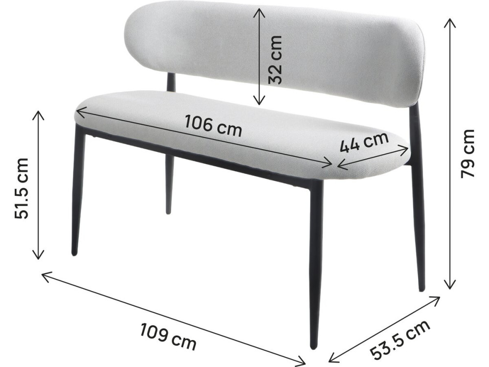 Esszimmerbank aus Stoff - 110 cm - "Sélène" - 3-Sitzer - Hellgrau und Schwarz