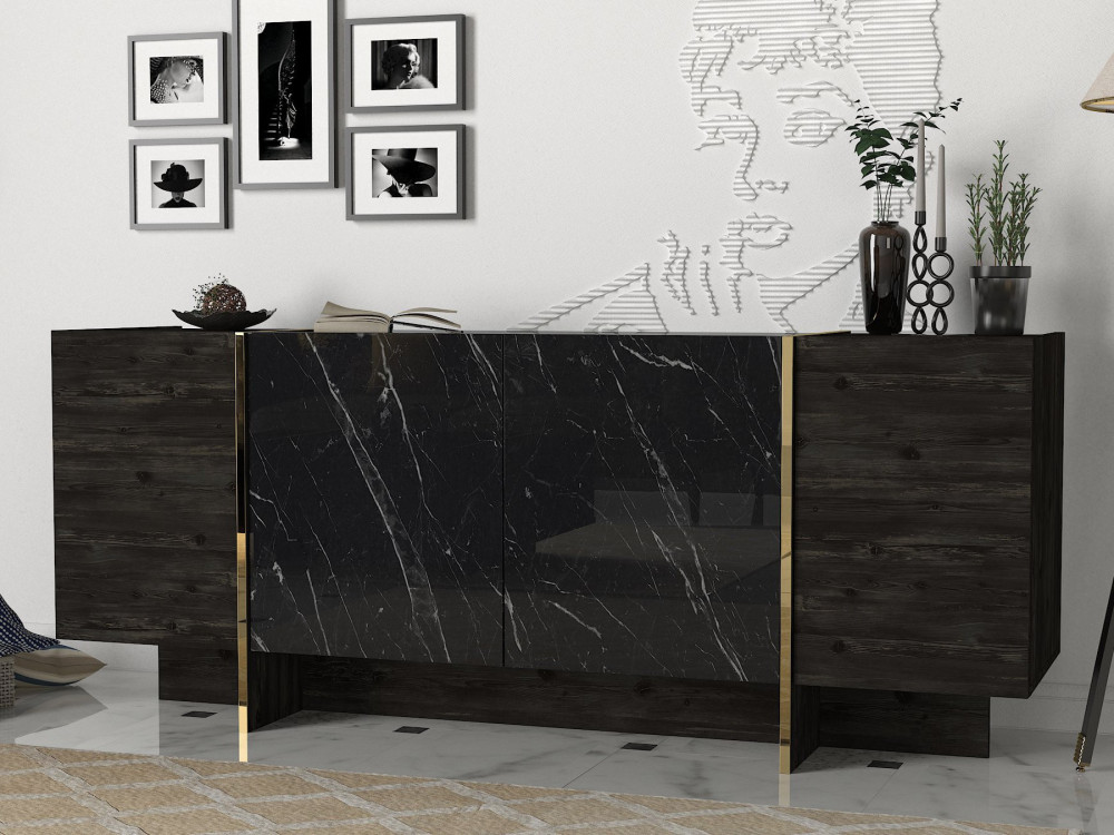 Holz Buffet "Veyron" - 180 x 46 x 75 cm - Schwarz Gold
