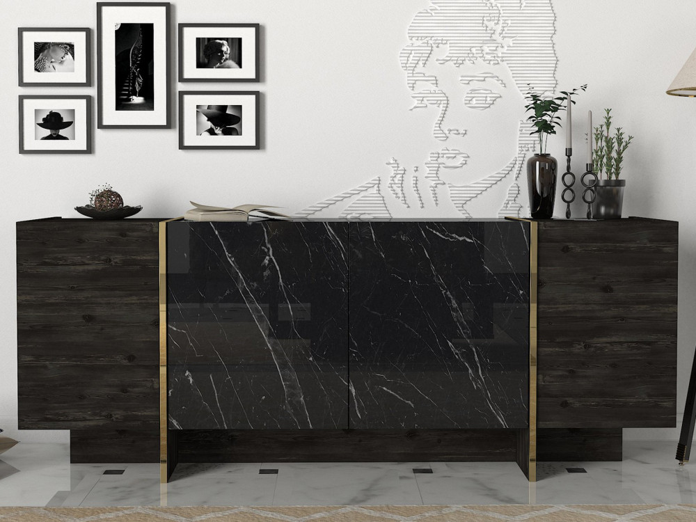Holz Buffet "Veyron" - 180 x 46 x 75 cm - Schwarz Gold