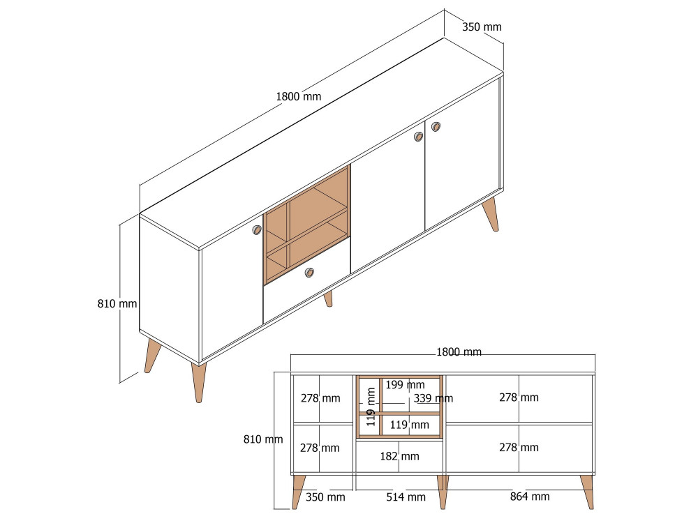 Anrichte aus Holz "Napoli" - 180 x 35 x 81 cm - Creme
