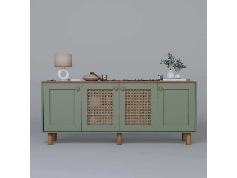 Anrichte aus Holz und Rohrgeflecht "Bohemian" - 180 x 40 x 75 cm - Grün