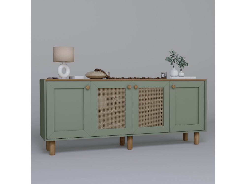 Anrichte aus Holz und Rohrgeflecht "Bohemian" - 180 x 40 x 75 cm - Grün