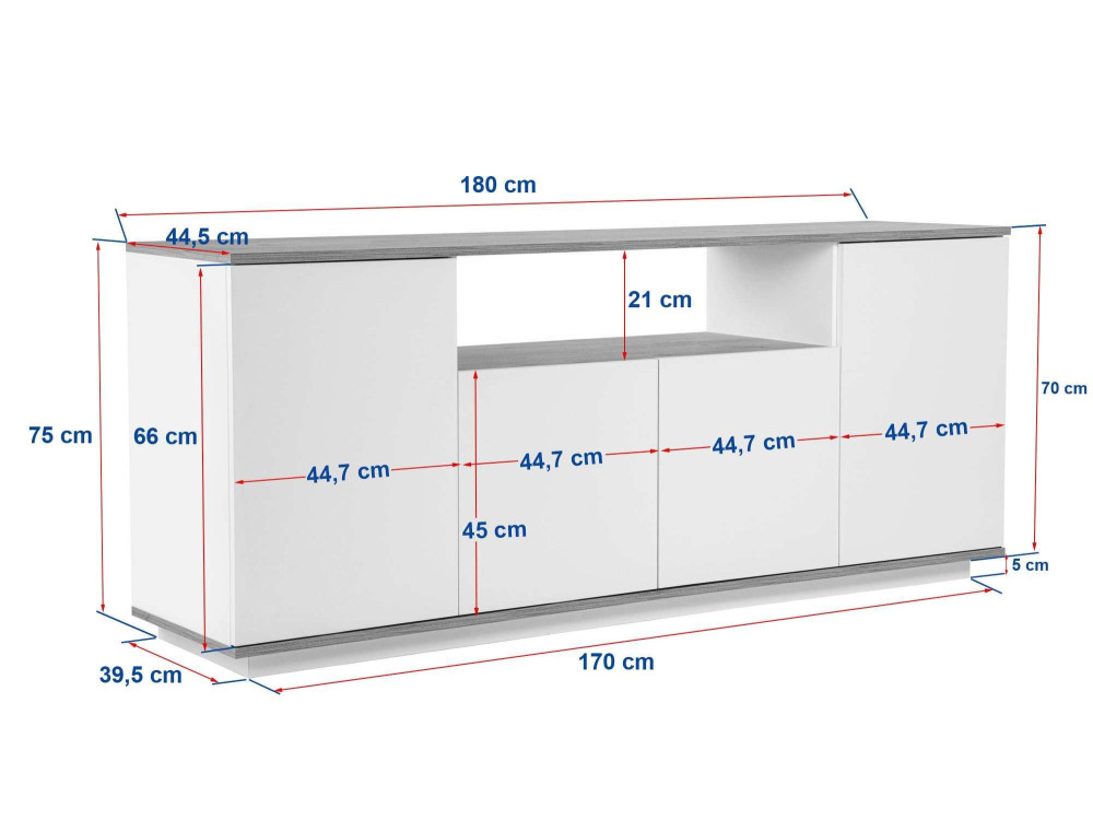 Holzbüffet "Arista" - 180 x 44.5 x 75 cm - Weiß / Eiche Cadiz