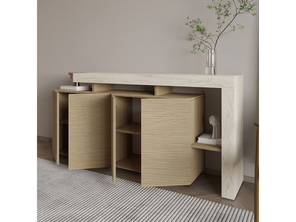 Anrichte aus Holz "Beliz" - 170 x 35 x 80 cm - Travertin / Eiche Warm