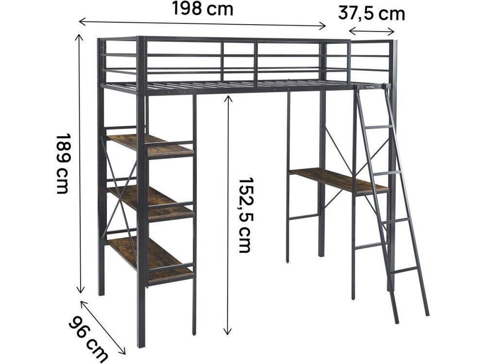 Hochbett mit Schreibtisch aus Metall „Raphaël“ – 190 x 90 cm – Schwarz