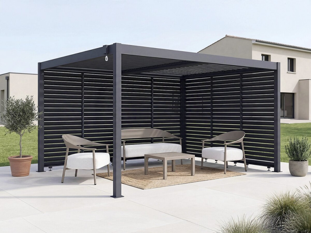 Bioklimatische Pergola mit 7 Aluminium-Lamellen „Windsor“ – 3 x 4 m – Grau