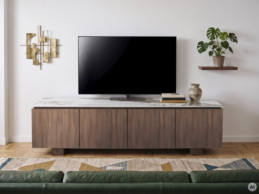 TV-Möbel aus Holz mit Keramikplatte „Elma“ – 160 x 45 x 45 cm – Braun
