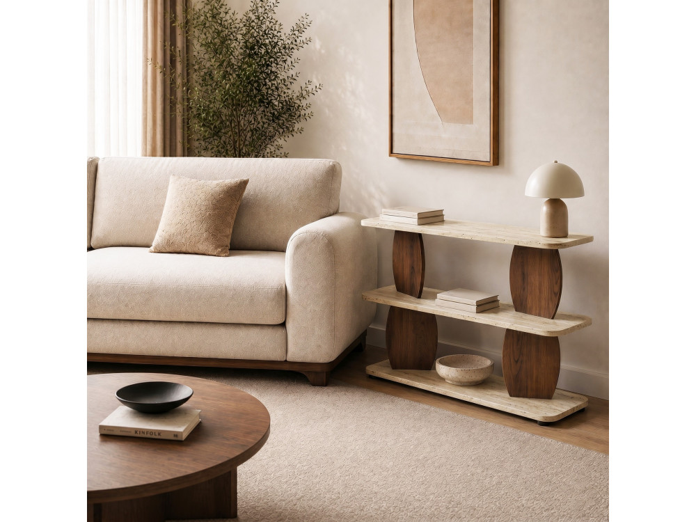 Beistelltisch aus Holz „Armonia“ – 90 x 30 x 70 cm – Travertin / Nussbaum