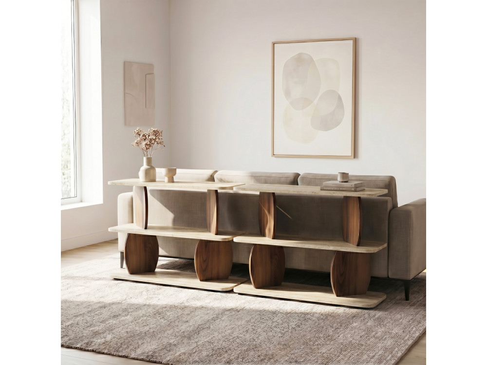 Beistelltisch aus Holz „Armonia“ – 90 x 30 x 70 cm – Travertin / Nussbaum
