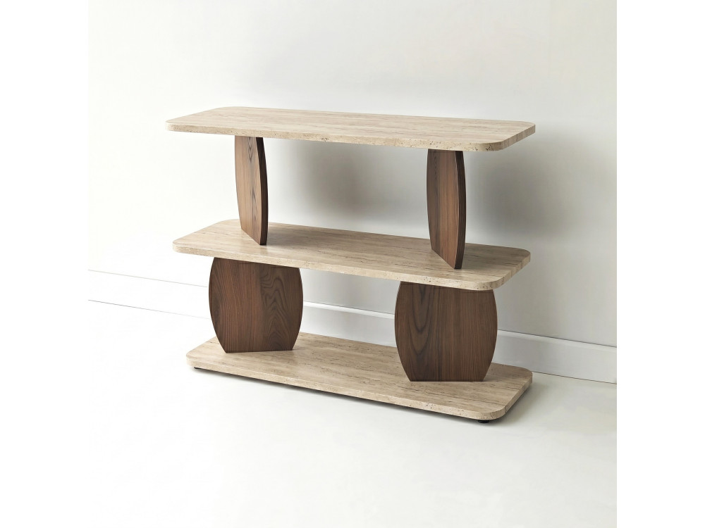 Beistelltisch aus Holz „Armonia“ – 90 x 30 x 70 cm – Travertin / Nussbaum