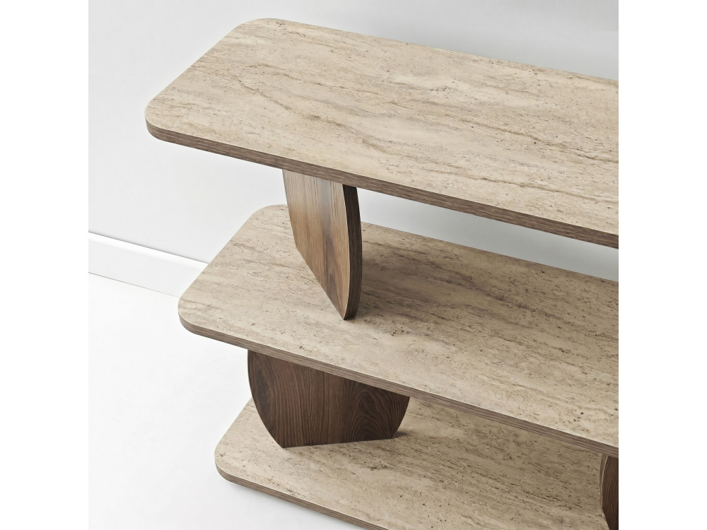 Beistelltisch aus Holz „Armonia“ – 90 x 30 x 70 cm – Travertin / Nussbaum
