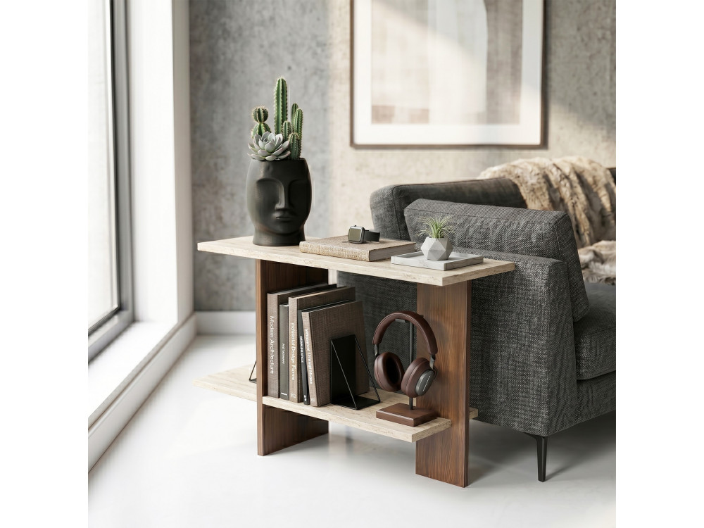 Beistelltisch aus Holz „Essenziale“ – 80 x 30 x 55 cm – Travertin / Nussbaum