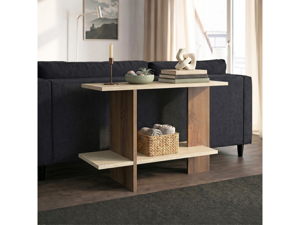 Beistelltisch aus Holz „Essenziale“ – 80 x 30 x 55 cm – Travertin / Nussbaum