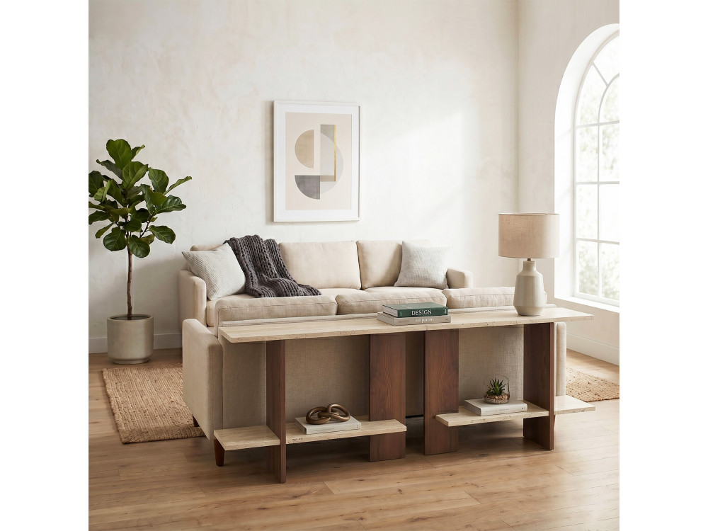 Beistelltisch aus Holz „Essenziale“ – 80 x 30 x 55 cm – Travertin / Nussbaum