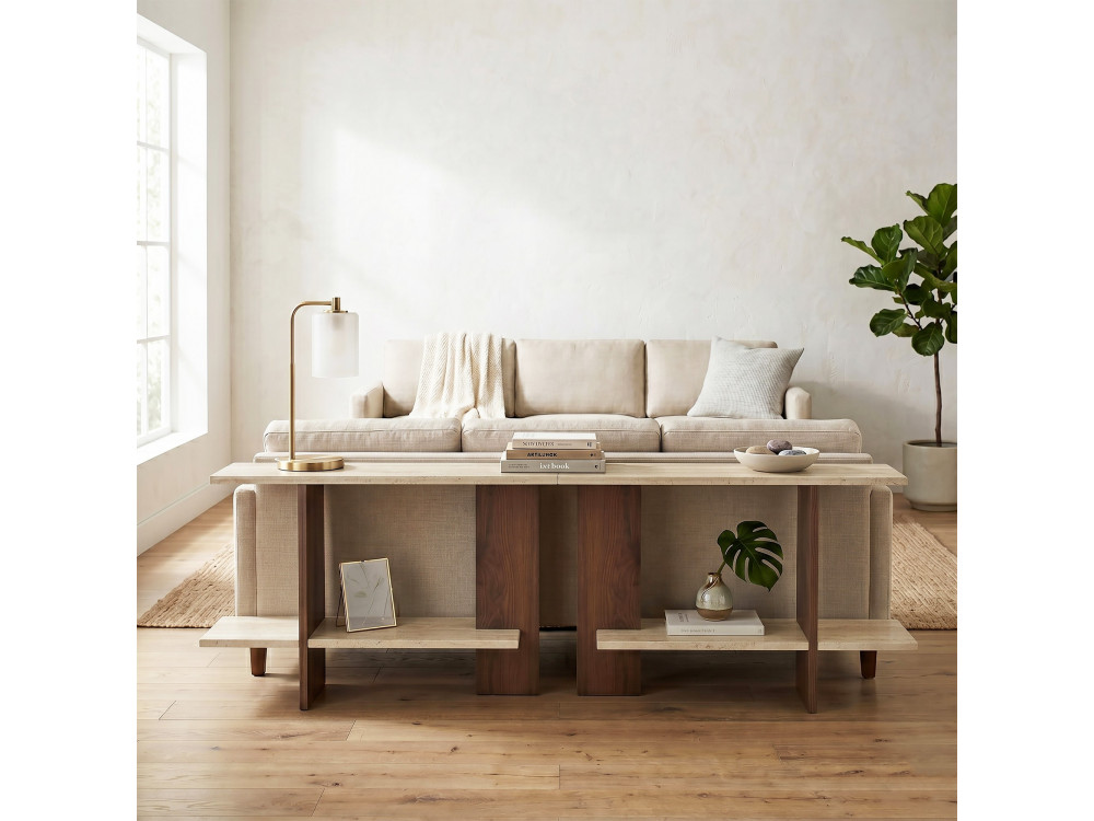 Beistelltisch aus Holz „Essenziale“ – 80 x 30 x 55 cm – Travertin / Nussbaum