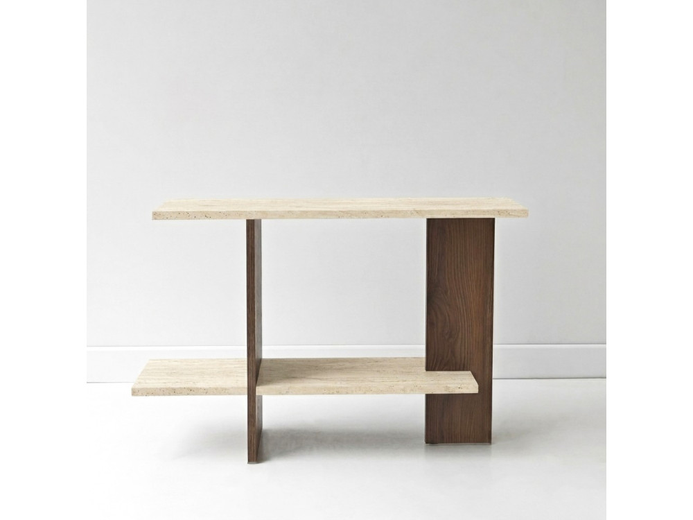 Beistelltisch aus Holz „Essenziale“ – 80 x 30 x 55 cm – Travertin / Nussbaum