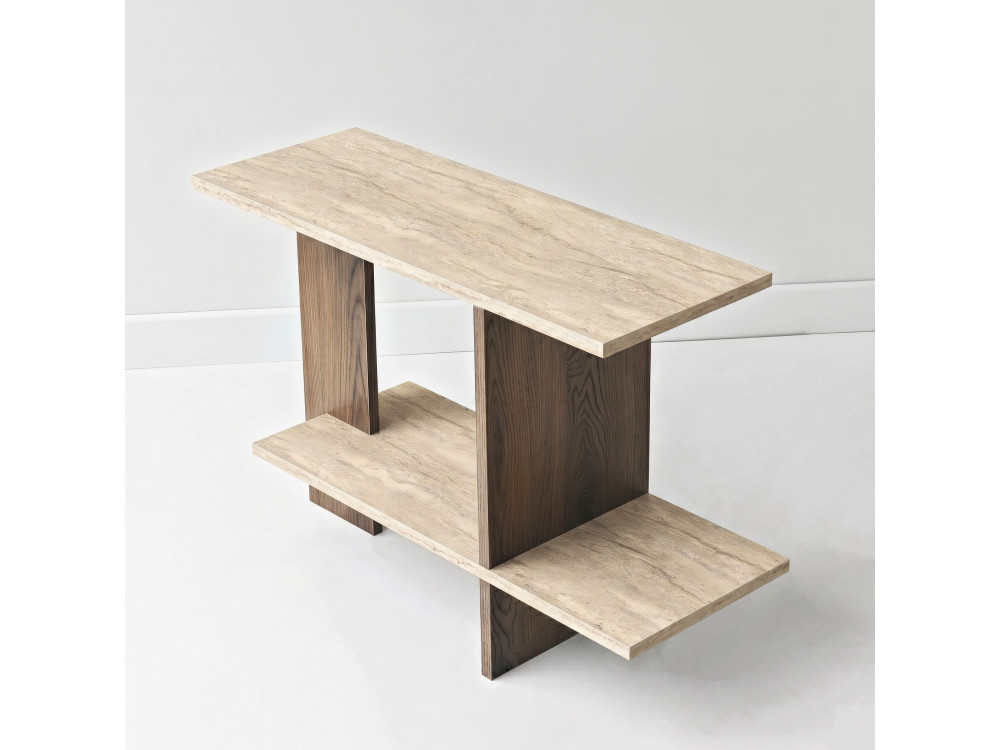 Beistelltisch aus Holz „Essenziale“ – 80 x 30 x 55 cm – Travertin / Nussbaum